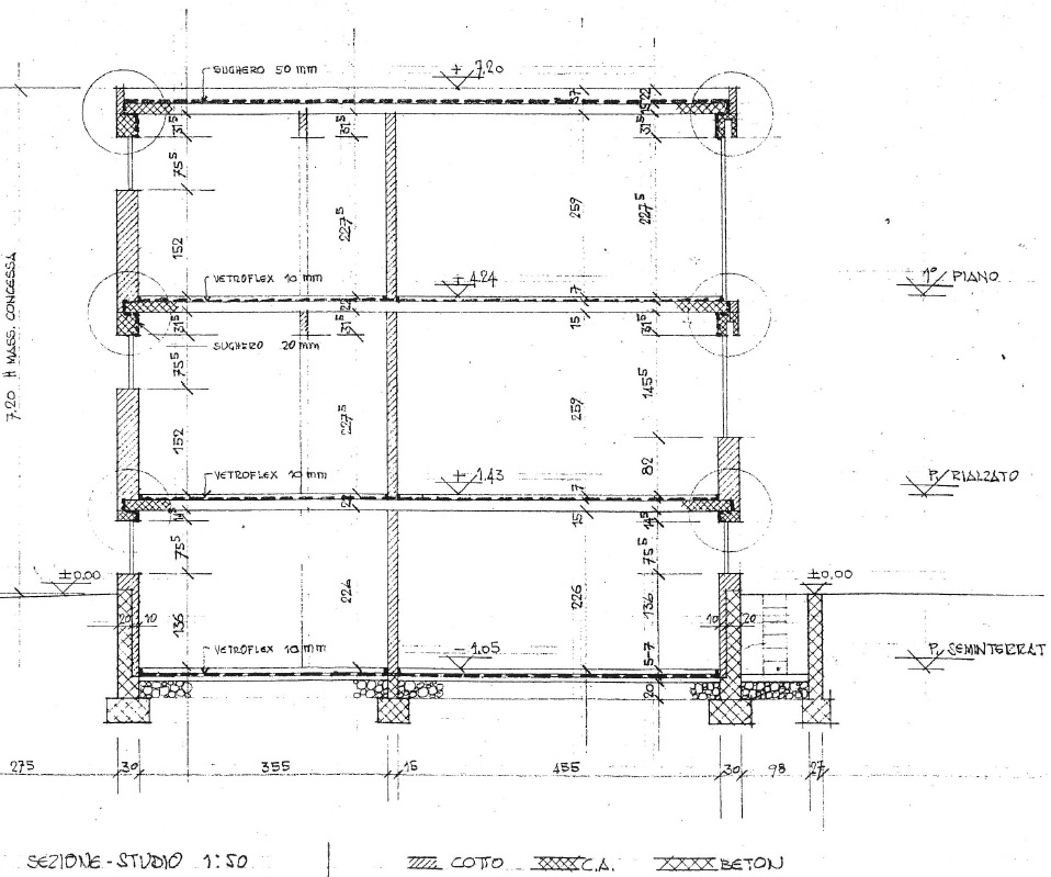 Disegni originali dell'abitazione, piano seminterrato, rialzato e primo